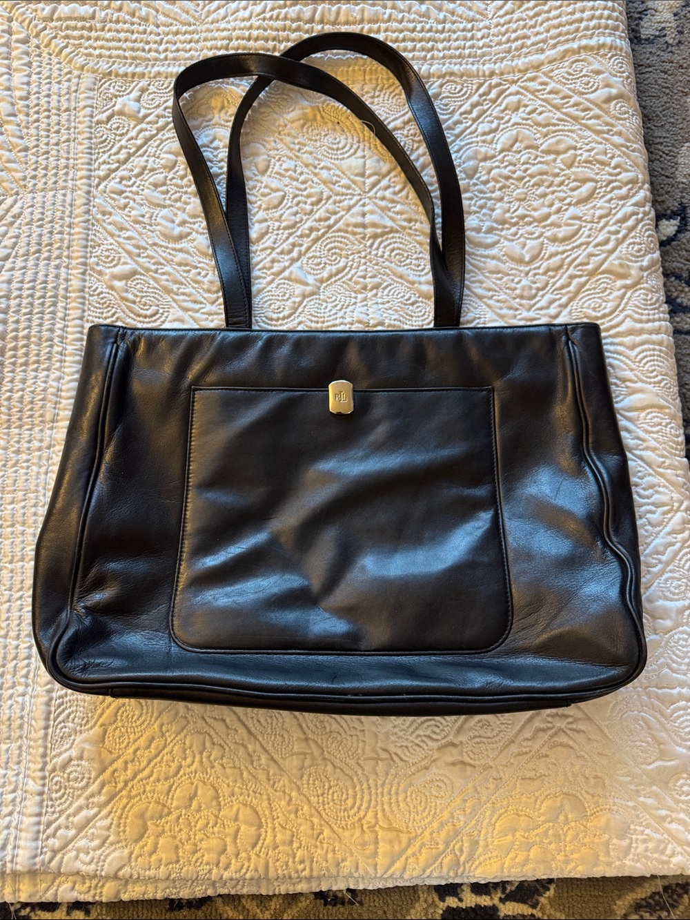Lauren Ralph Lauren Black Leather Tote with Front Pocket